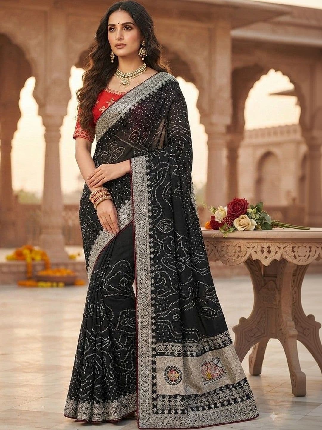 SmileyFashion Bandhani Embroidered Art Silk Designer Saree thumbnail 5