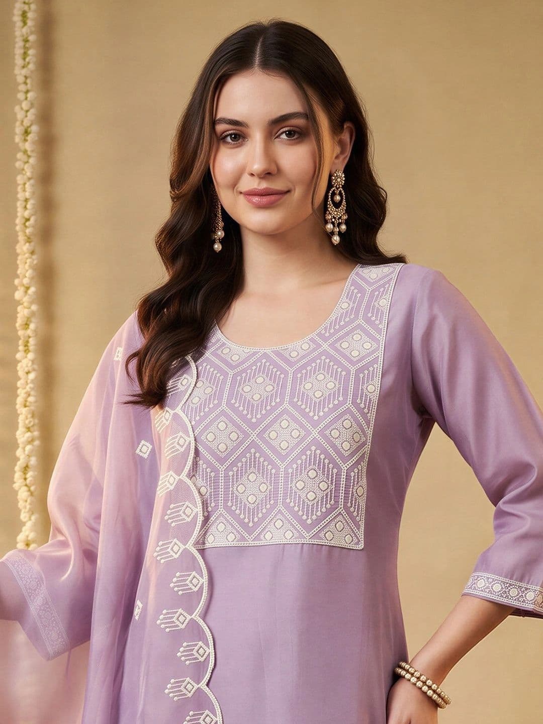 Indo Era Women Ethnic Motifs Embroidered Regular Thread Work Kurta with Trousers & With Dupatta thumbnail 3
