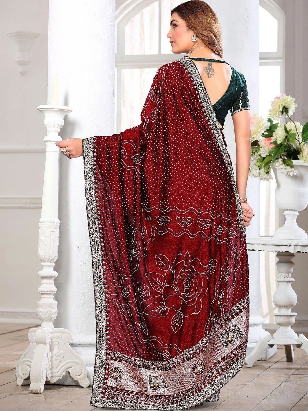 SmileyFashion Bandhani Embroidered Art Silk Designer Saree thumbnail 4