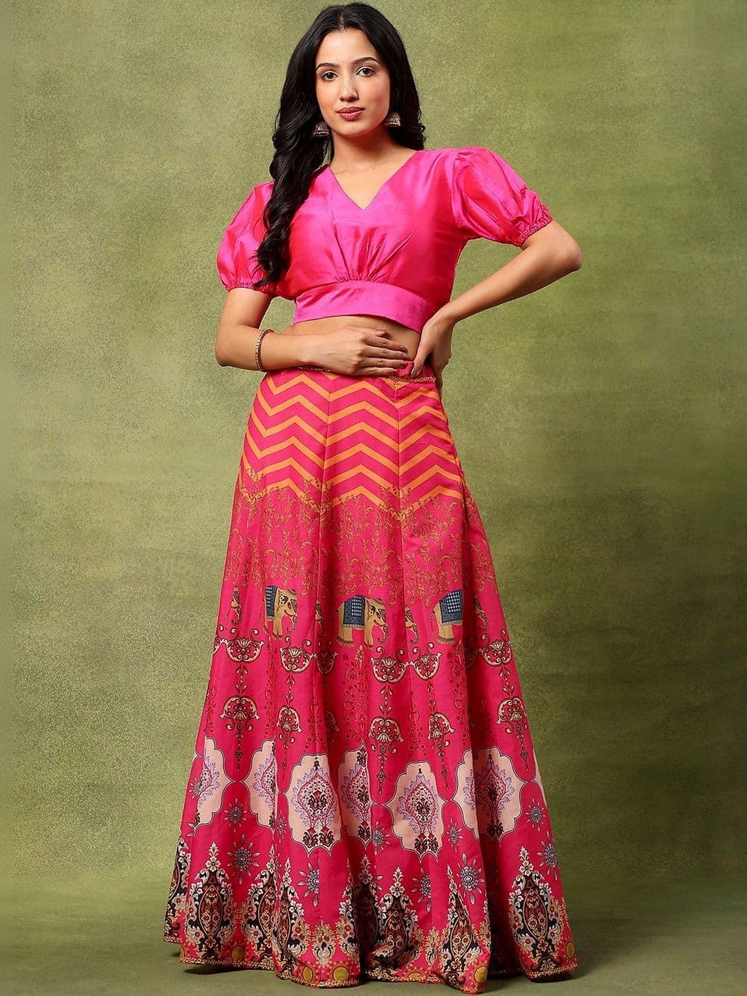 Frolic Rolic Silk Blouse & Printed Chanderi Skirt Set - view 1