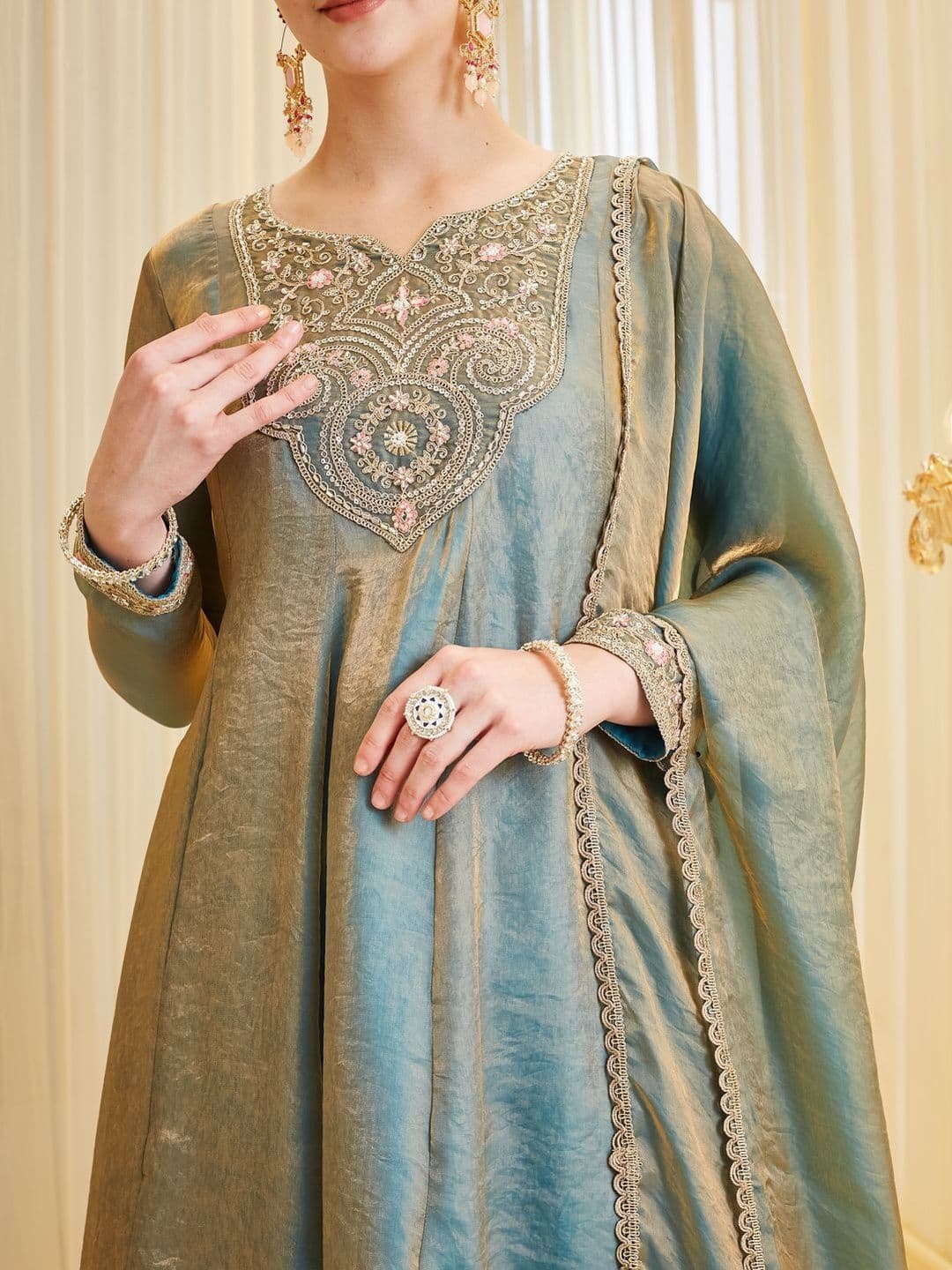MOKOSH Women Silk Embroidered Anarkali Kurta and Sharara with Dupatta Set thumbnail 2