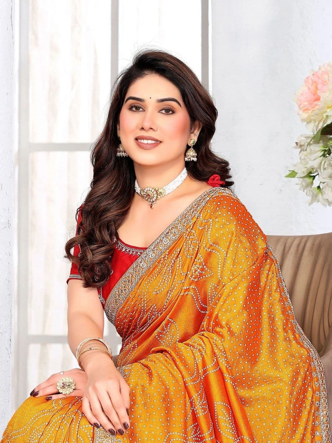 SmileyFashion Bandhani Embroidered Art Silk Designer Saree thumbnail 4