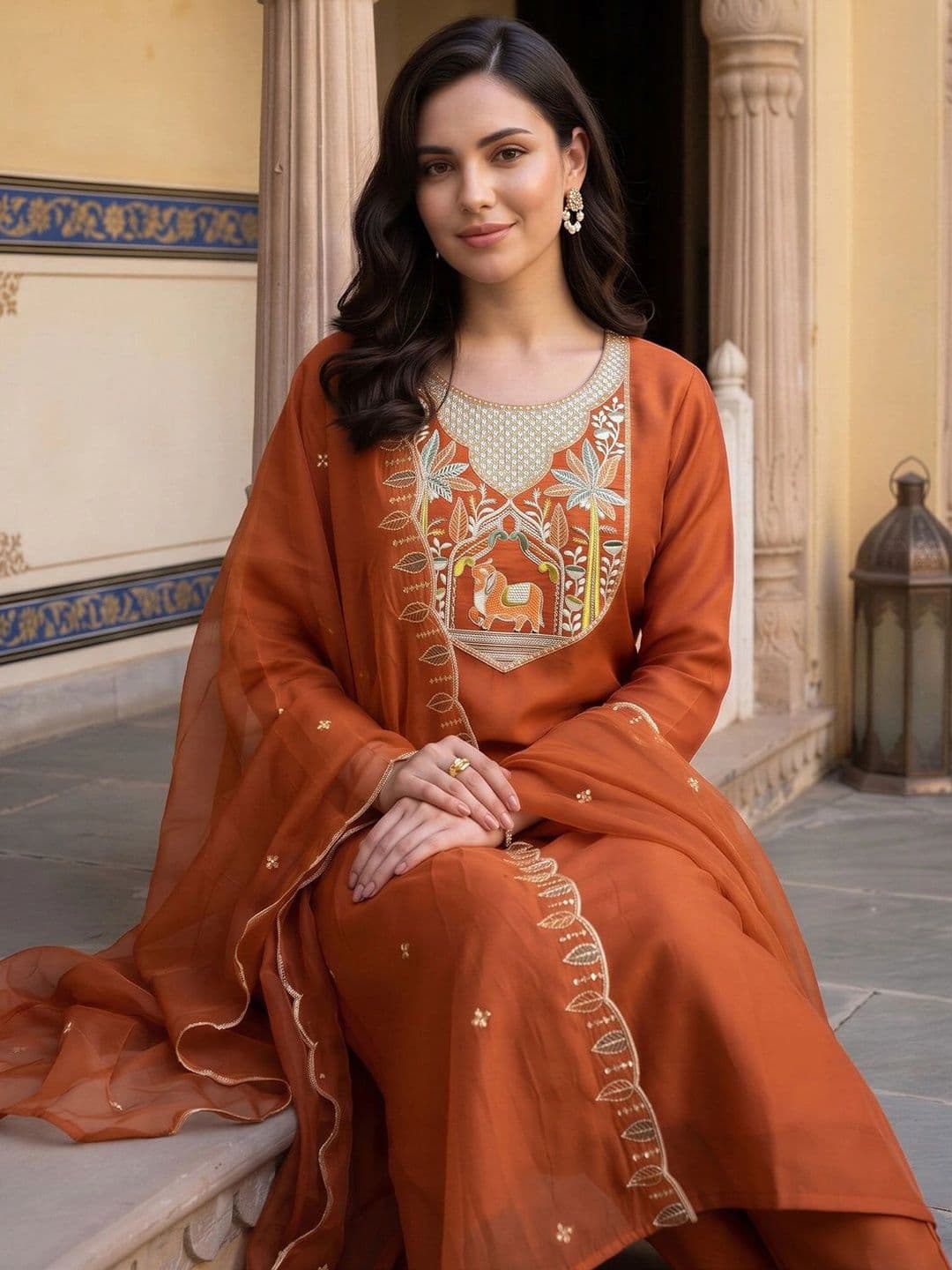 Indo Era Women Ethnic Motifs Embroidered Regular Thread Work Kurta with Trousers & With Dupatta thumbnail 3
