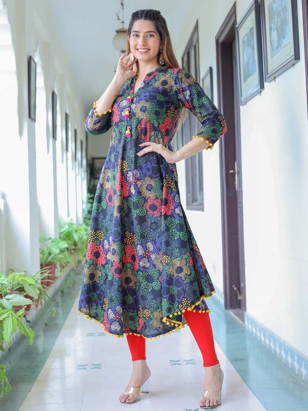 KALINI Floral Printed Mandarin Collar Cotton Pleated Anarkali Kurta thumbnail 6