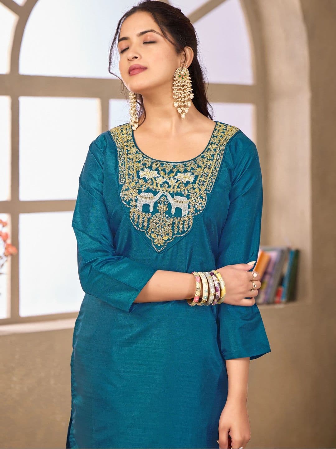 Sangria Floral Embroidered Tunic with Trousers thumbnail 2