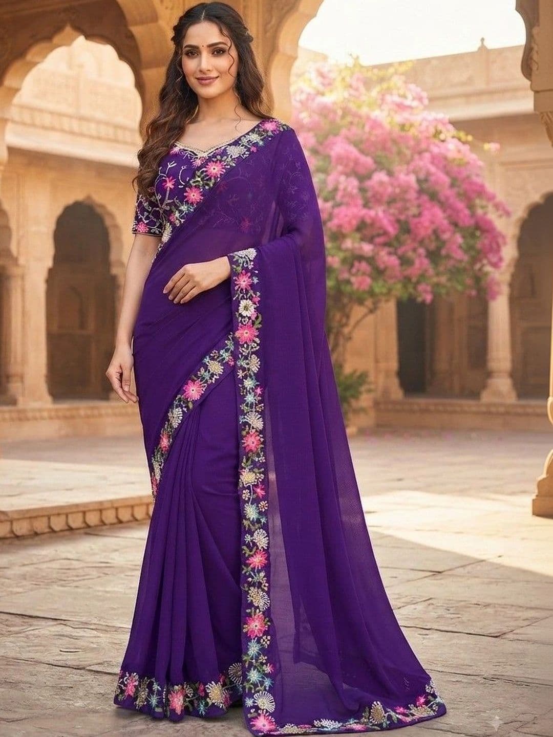 SmileyFashion Floral Embroidered Art Silk Saree thumbnail 4