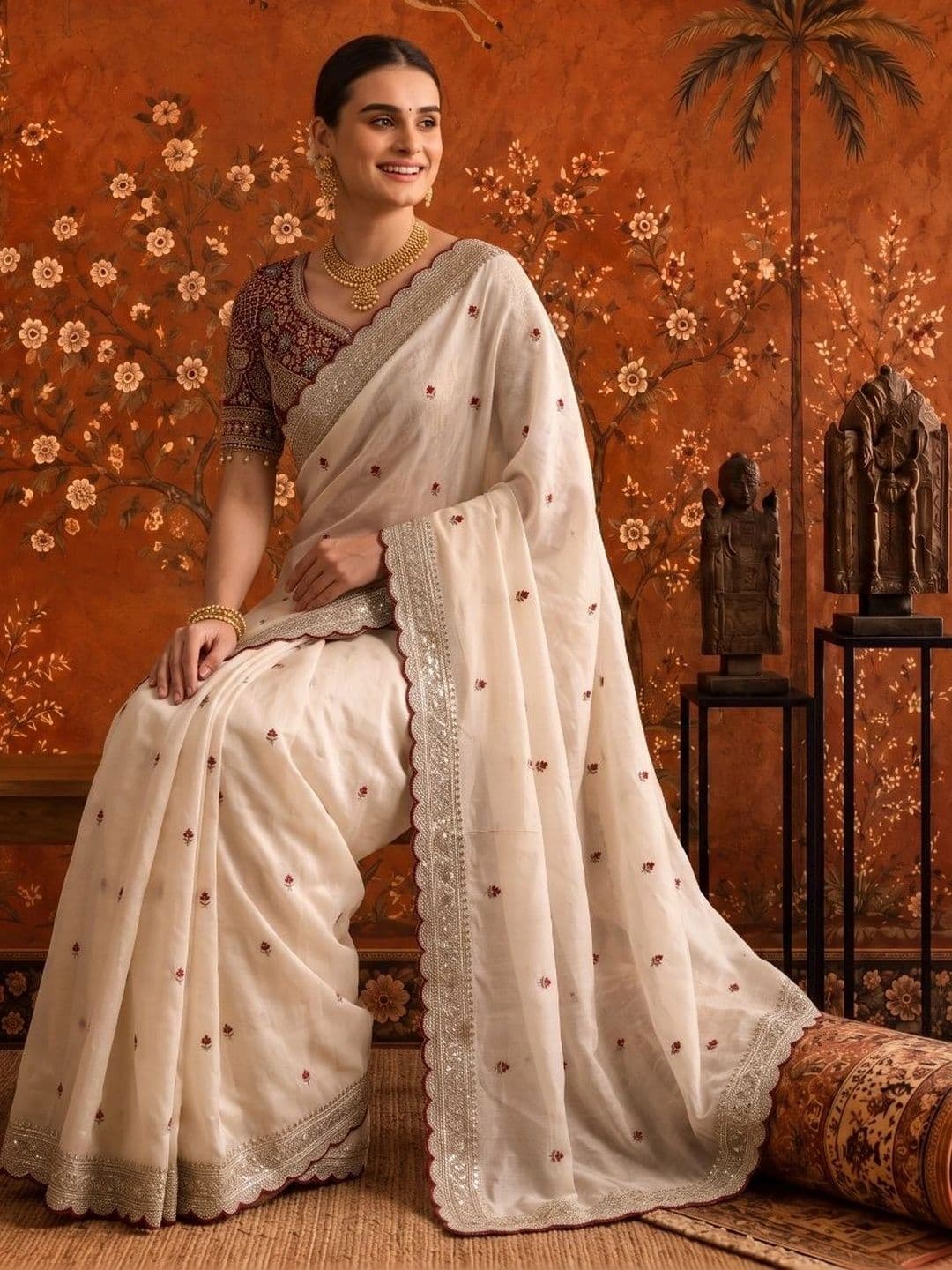 Sangria Embellished Embroidered Satin Saree thumbnail 5