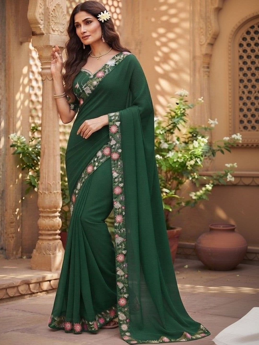 SmileyFashion Floral Embroidered Art Silk Saree thumbnail 3