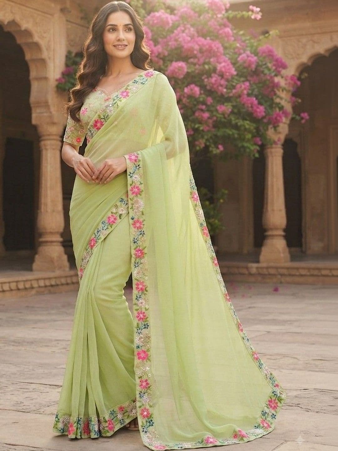 SmileyFashion Floral Embroidered Art Silk Saree - view 1