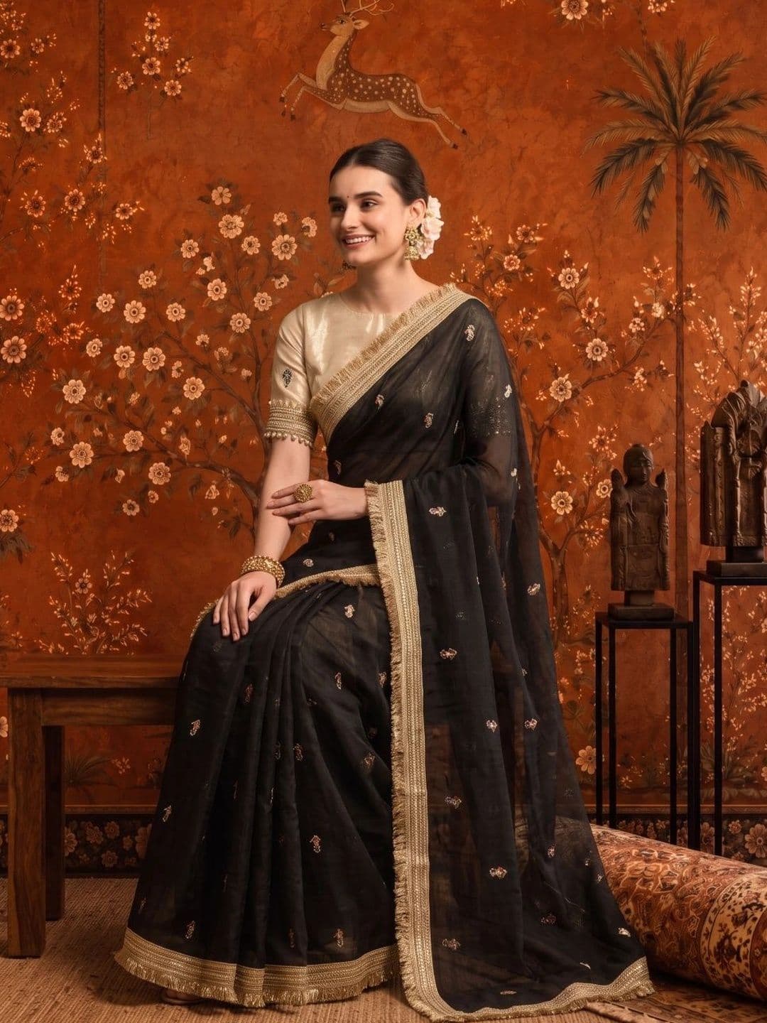 Sangria Embellished Embroidered Satin Saree thumbnail 2