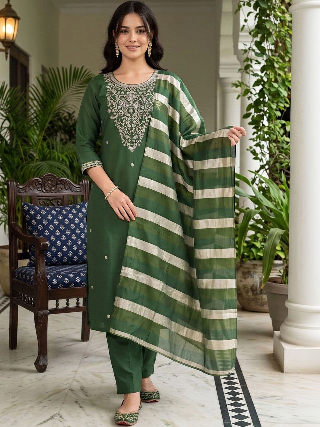 Indo Era Women Ethnic Motifs Embroidered Regular Thread Work Kurta with Trousers & With Dupatta thumbnail 4