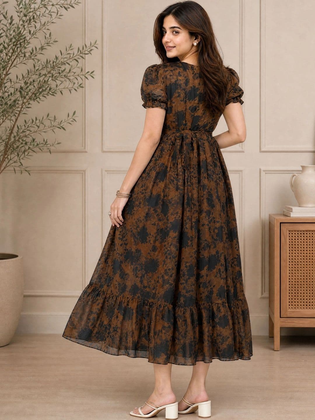 QENA Floral Print Puff Sleeve Georgette A-Line Maxi Dress thumbnail 3