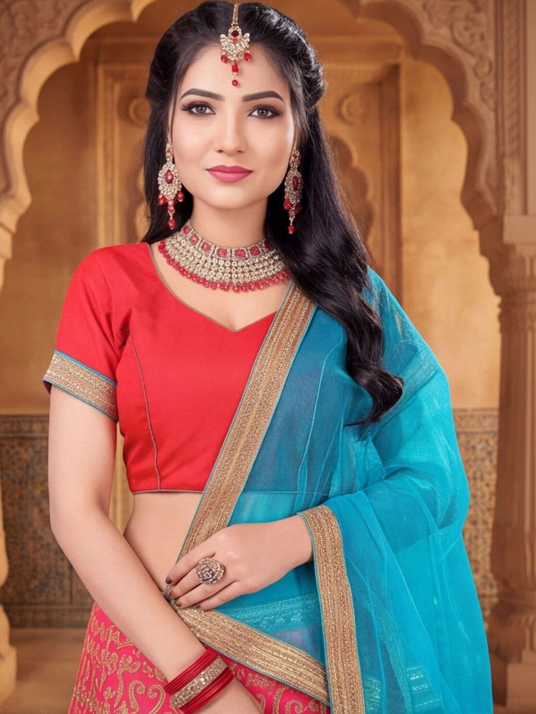 Mitera Embroidered Semi-Stitched Lehenga & Unstitched Blouse With Dupatta thumbnail 3