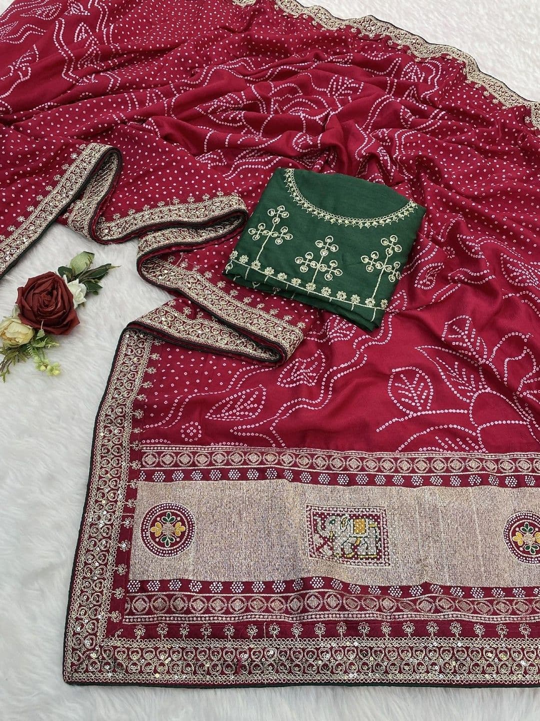 SmileyFashion Bandhani Embroidered Art Silk Designer Saree thumbnail 5