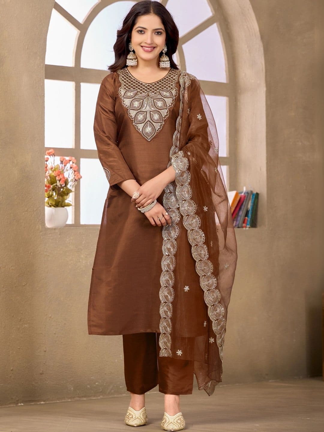 Sangria Women Ethnic Motifs Regular Thread Work Kurta with Trousers & With Dupatta thumbnail 6