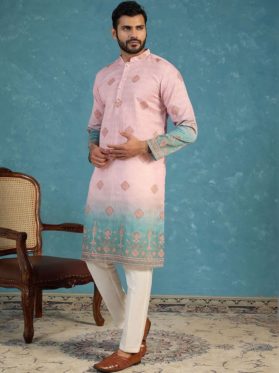 House of Pataudi Floral Woven Design Mandarin Collar Straight Kurta thumbnail 6
