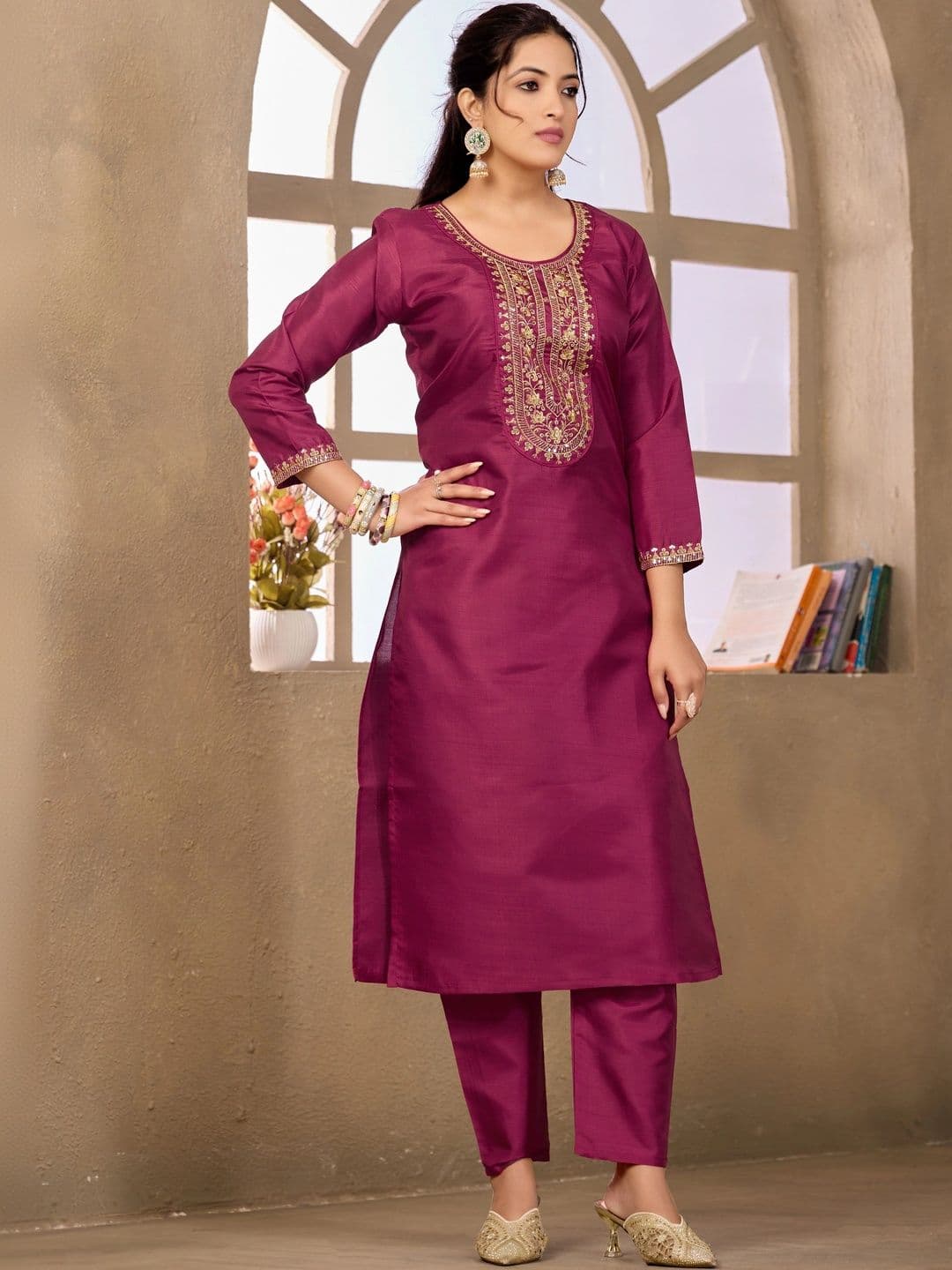 Sangria Embroidered Tunic with Trousers thumbnail 3