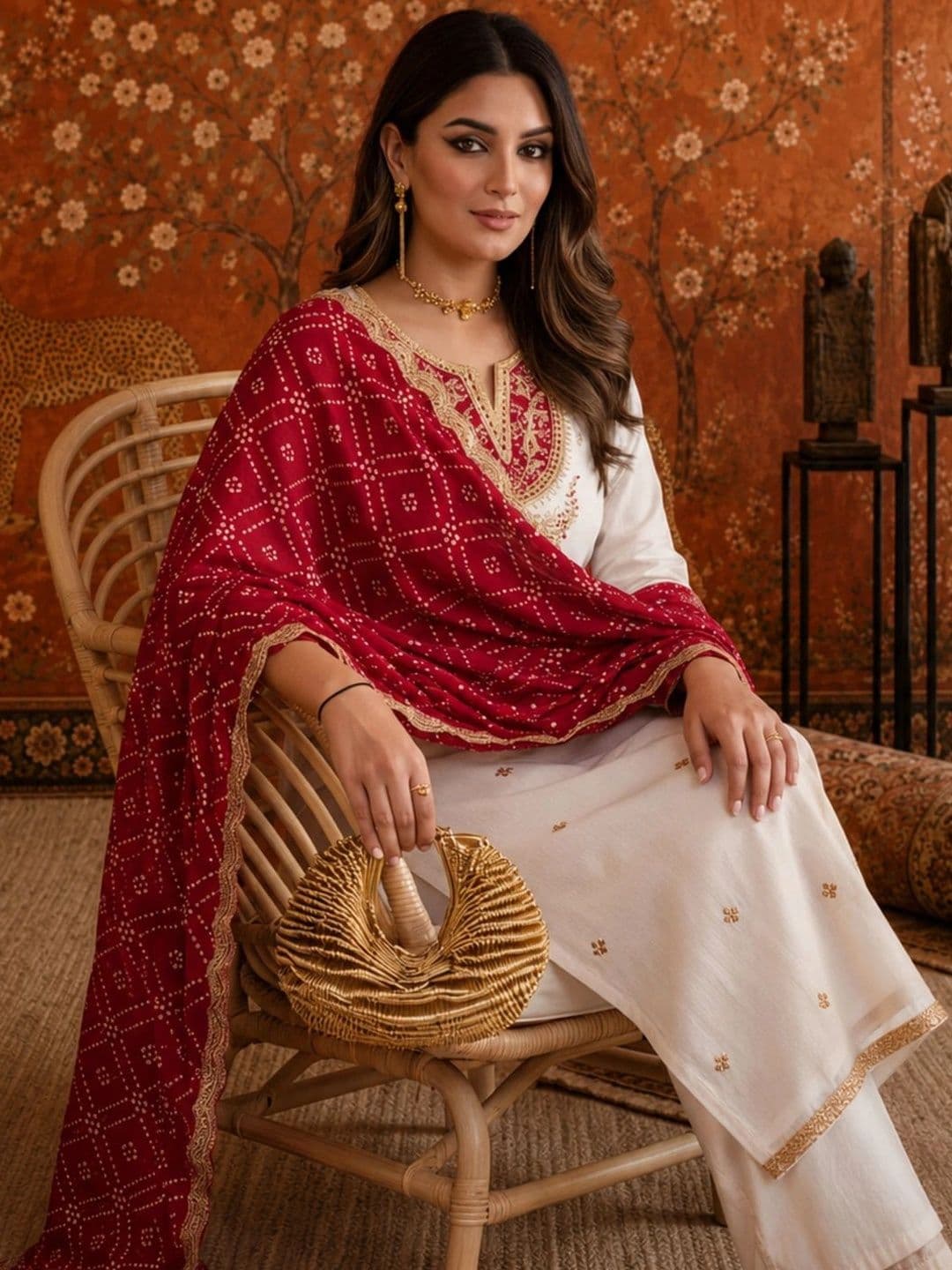 Sangria Women Ethnic Motifs Embroidered Regular Kurta with Trousers & With Dupatta thumbnail 4