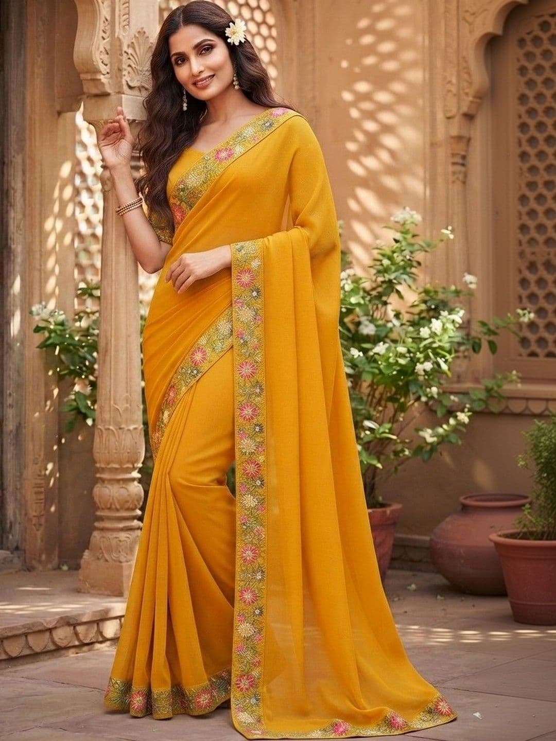 SmileyFashion Floral Embroidered Art Silk Saree thumbnail 2