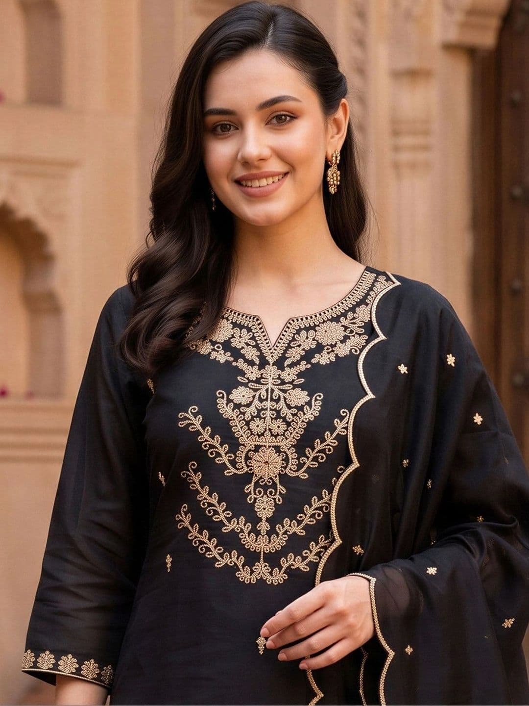 Indo Era Women Ethnic Motifs Embroidered Regular Thread Work Kurta with Trousers & With Dupatta thumbnail 6