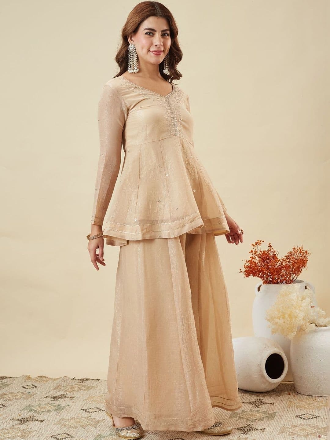 MOKOSH Women Silk Embroidered Kurta And Sharara Set With Dupatta thumbnail 3