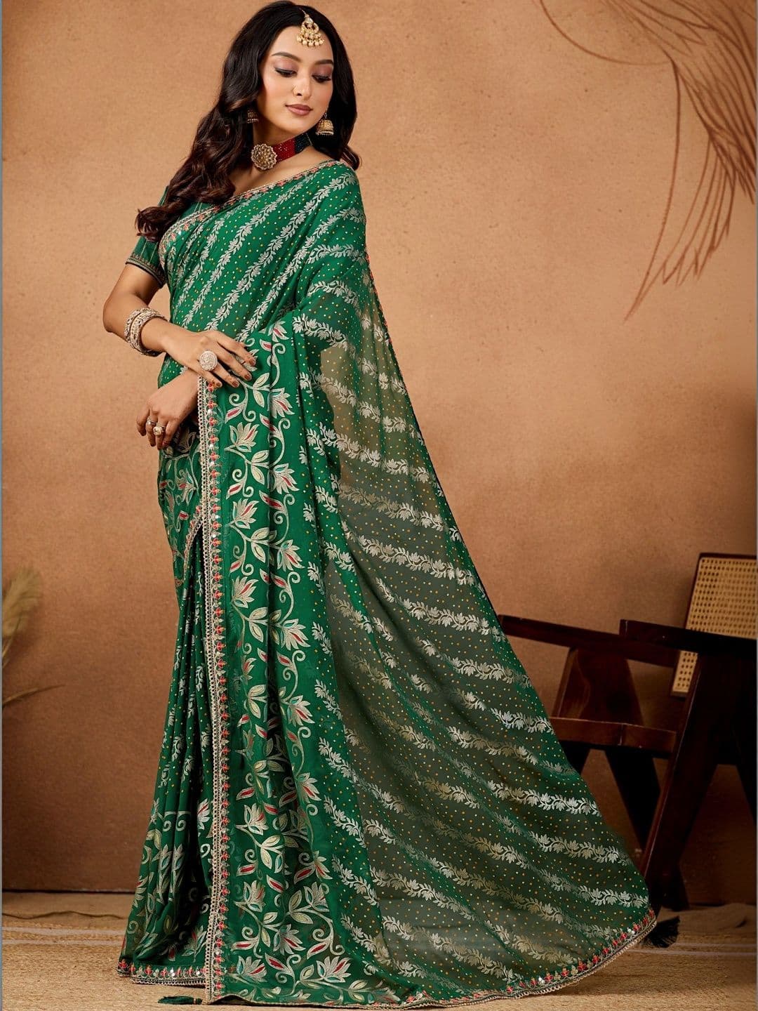 Mitera Floral Embroidered Poly Georgette Designer Bandhani Saree thumbnail 3