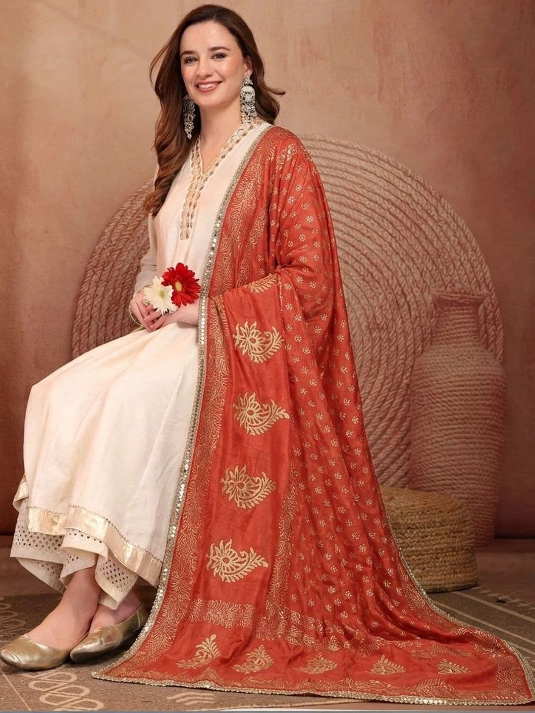 Clora Creation Ethnic Motifs Embroidered Dupatta with Mirror Work thumbnail 4