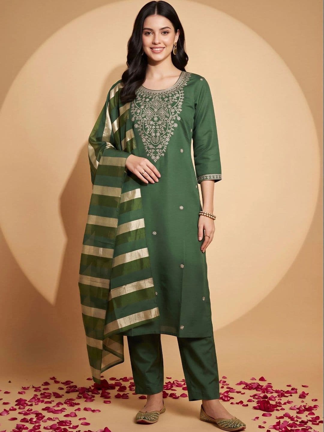 Indo Era Women Ethnic Motifs Embroidered Regular Thread Work Kurta with Trousers & With Dupatta thumbnail 5