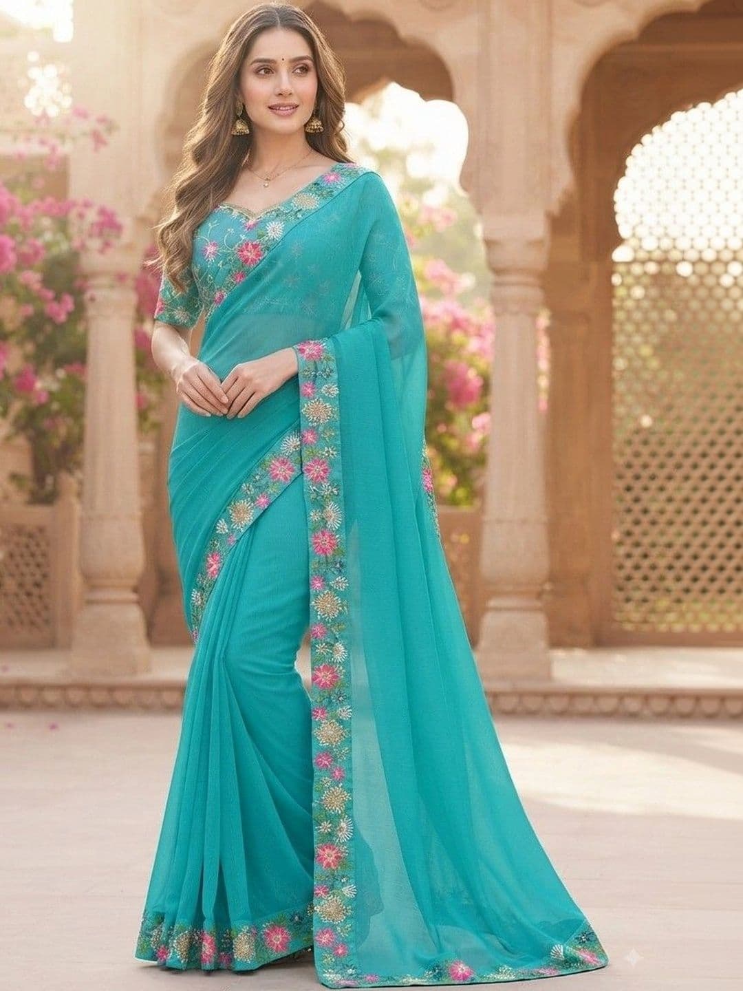SmileyFashion Floral Embroidered Art Silk Saree - view 1
