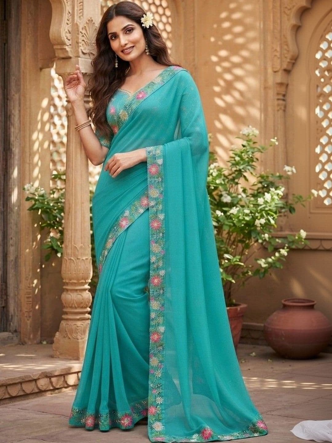 SmileyFashion Floral Embroidered Art Silk Saree thumbnail 3