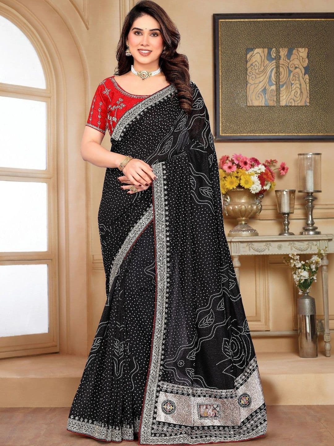 SmileyFashion Bandhani Embroidered Art Silk Designer Saree - view 1