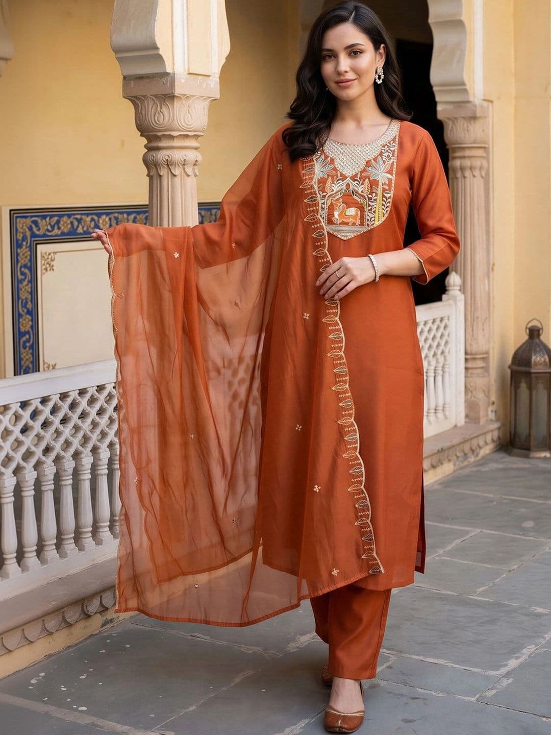 Indo Era Women Ethnic Motifs Embroidered Regular Thread Work Kurta with Trousers & With Dupatta thumbnail 6
