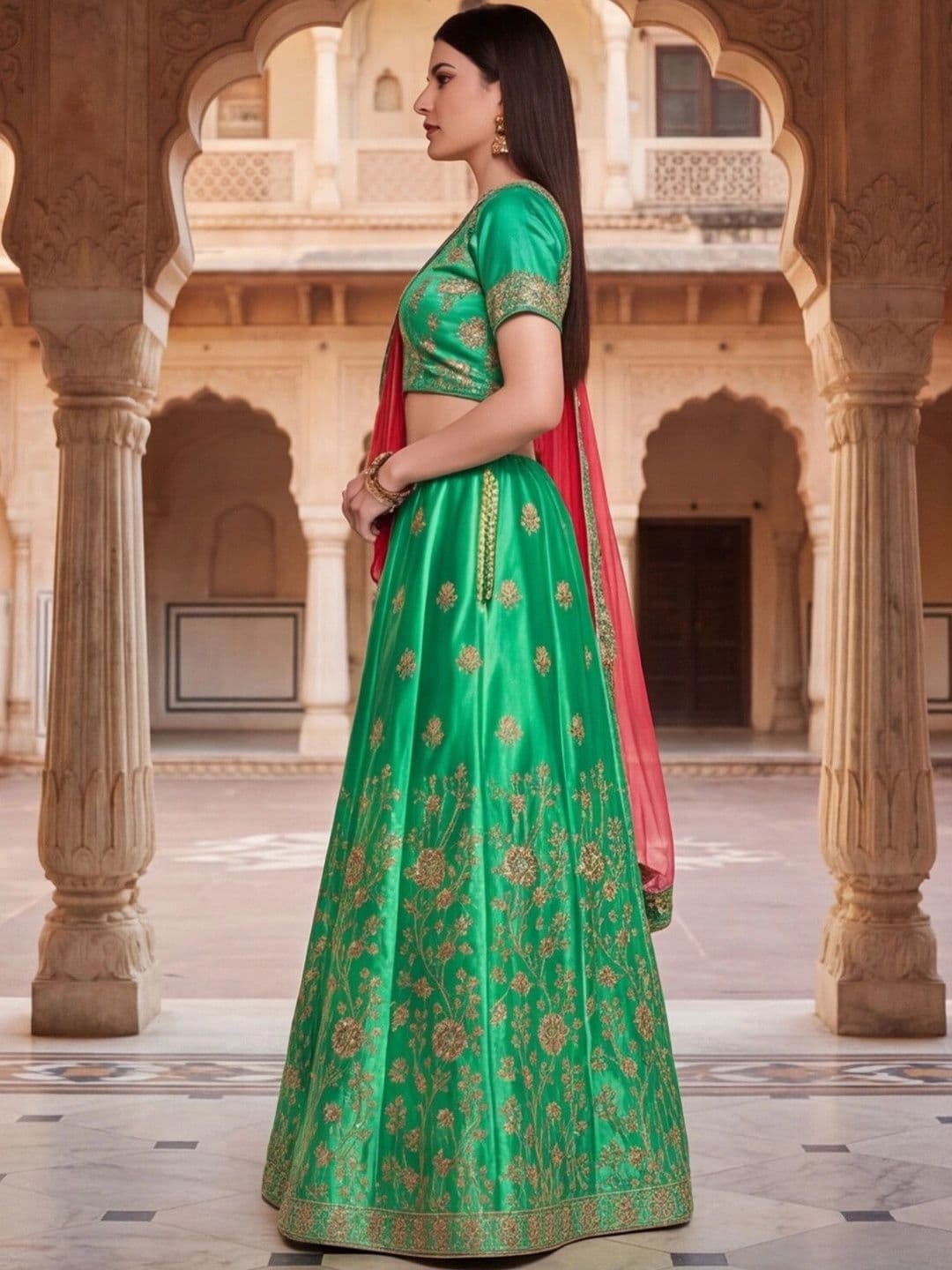 Mitera Embroidered Semi-Stitched Lehenga & Unstitched Blouse With Dupatta thumbnail 4