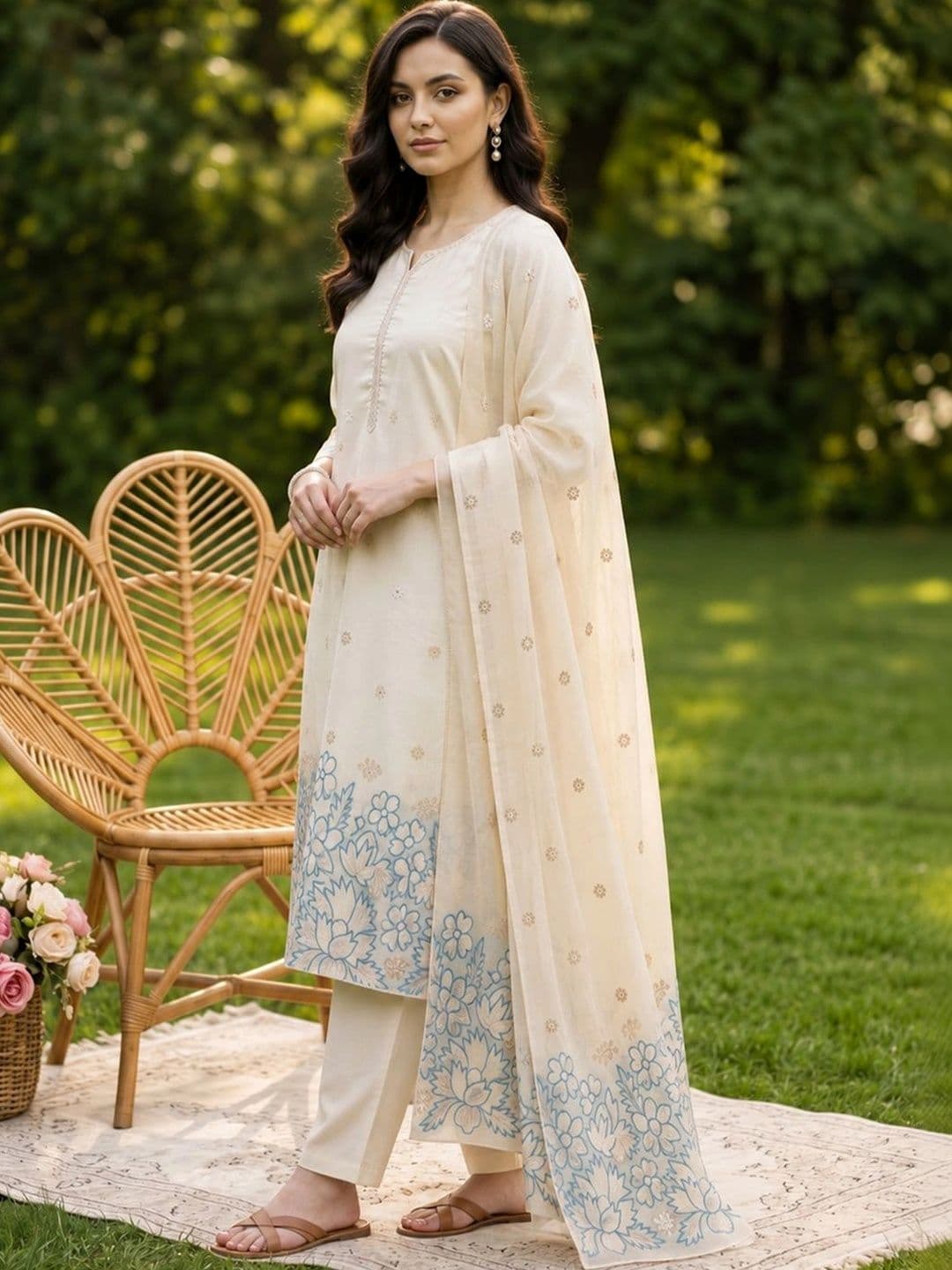 Indo Era Women Ethnic Motifs Embroidered Regular Thread Work Kurta with Trousers & With Dupatta thumbnail 6