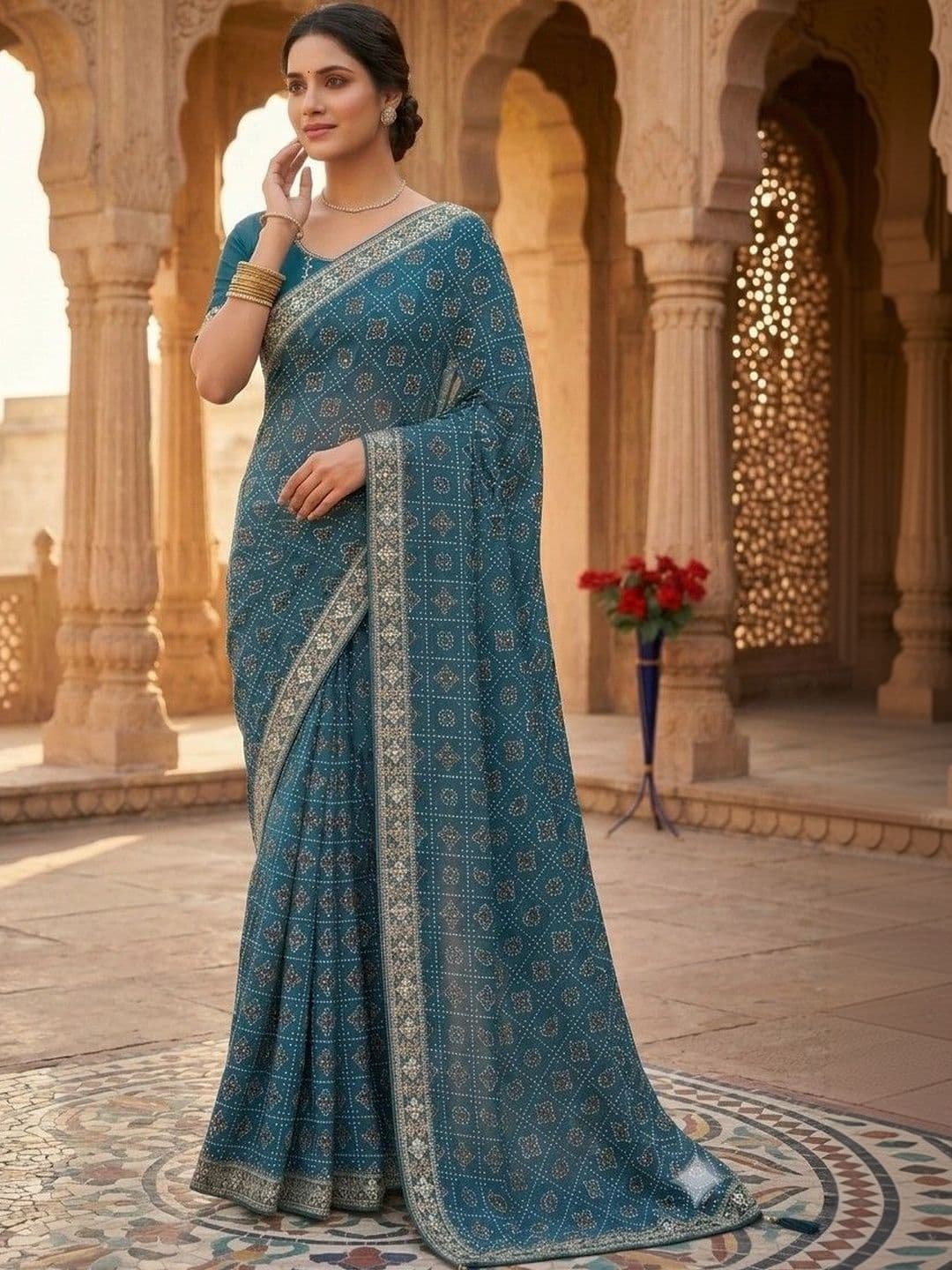 SmileyFashion Bandhani Embroidered Art Silk Designer Bandhani Saree thumbnail 2
