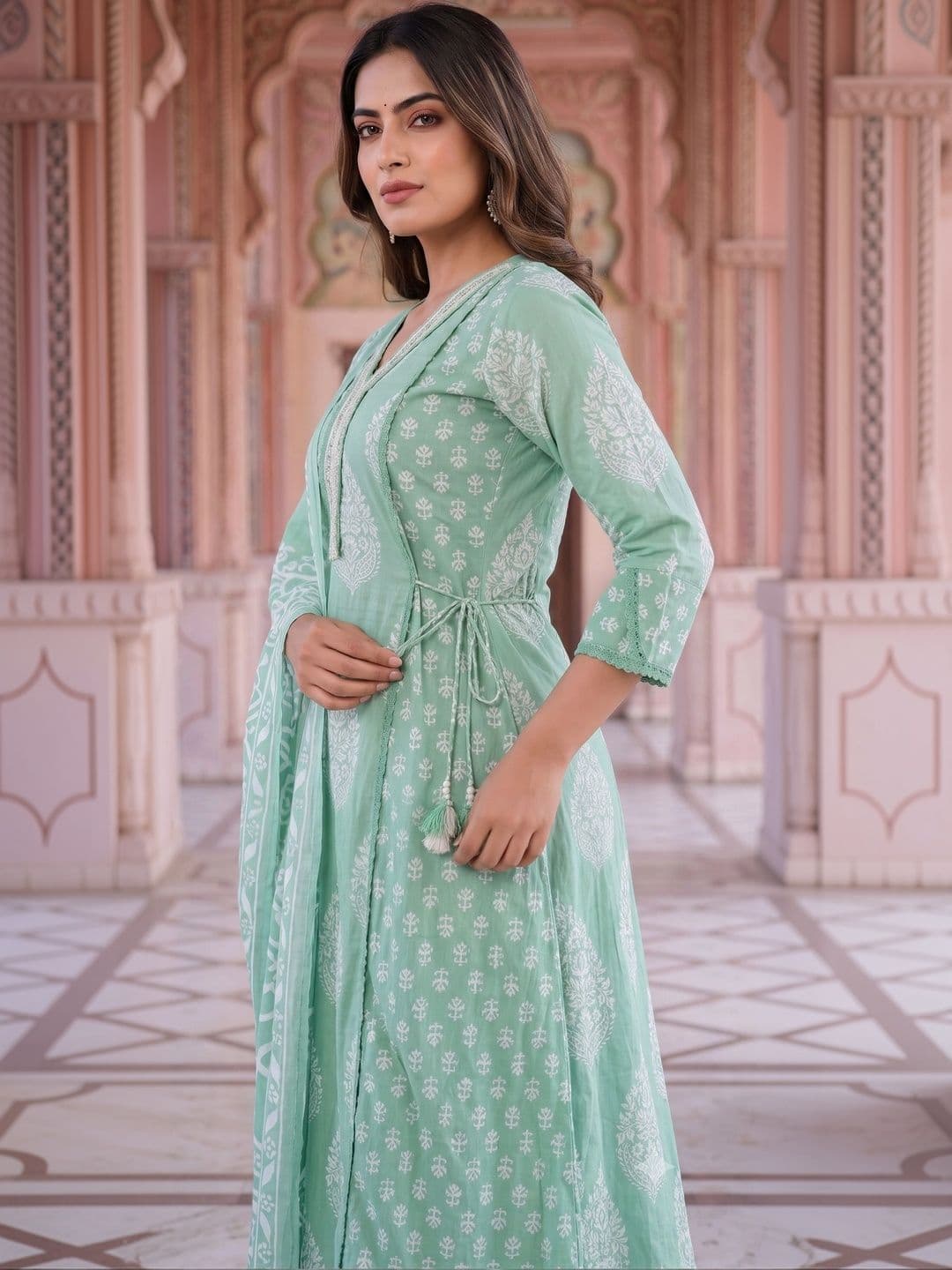 KALINI Women Ethnic Motifs Printed Angrakha Sequinned Pure Cotton Kurta with Trousers & With Dupatta thumbnail 5