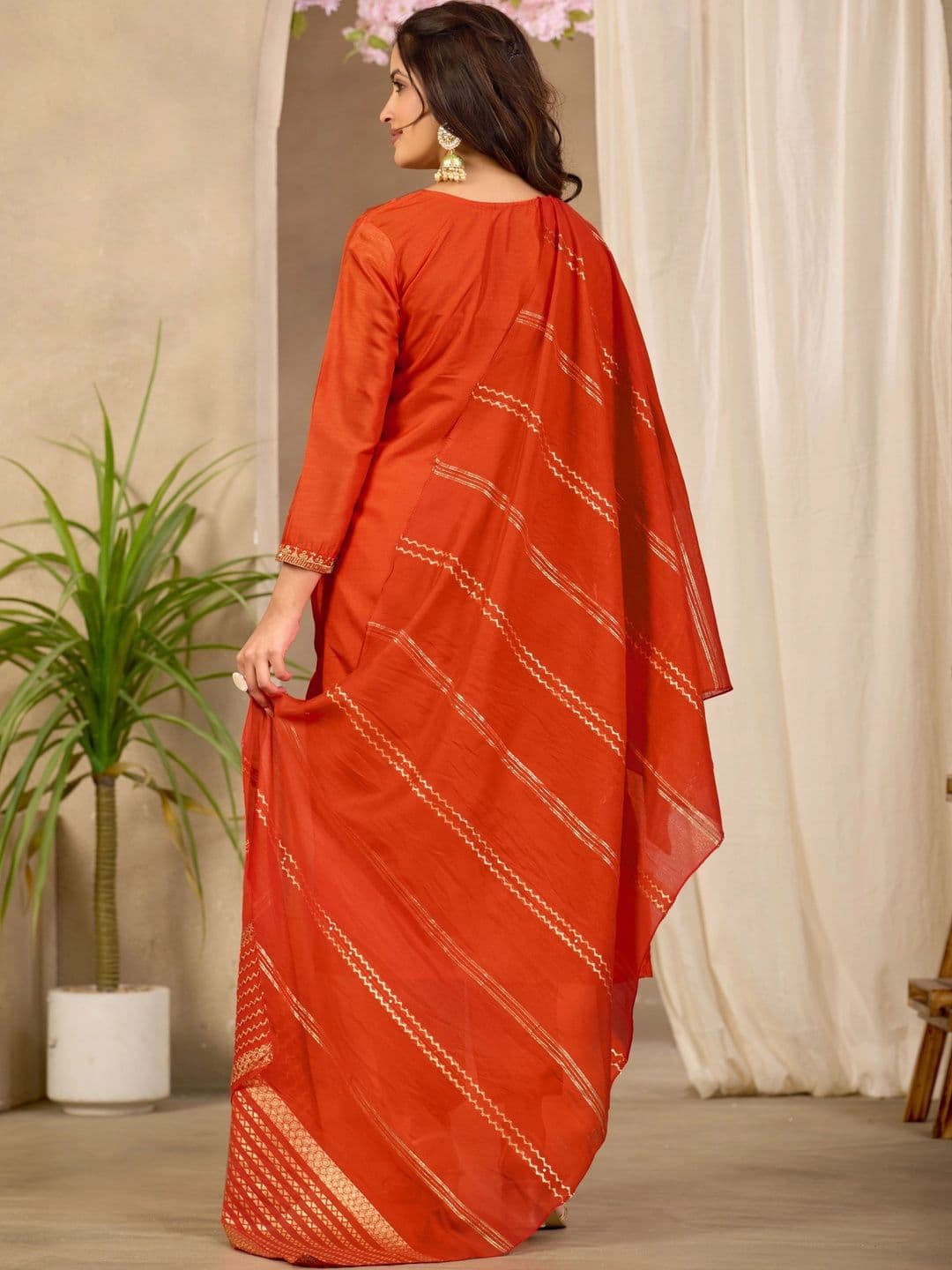 Sangria Women Ethnic Motifs Embroidered Regular Kurta with Trousers & With Dupatta thumbnail 6