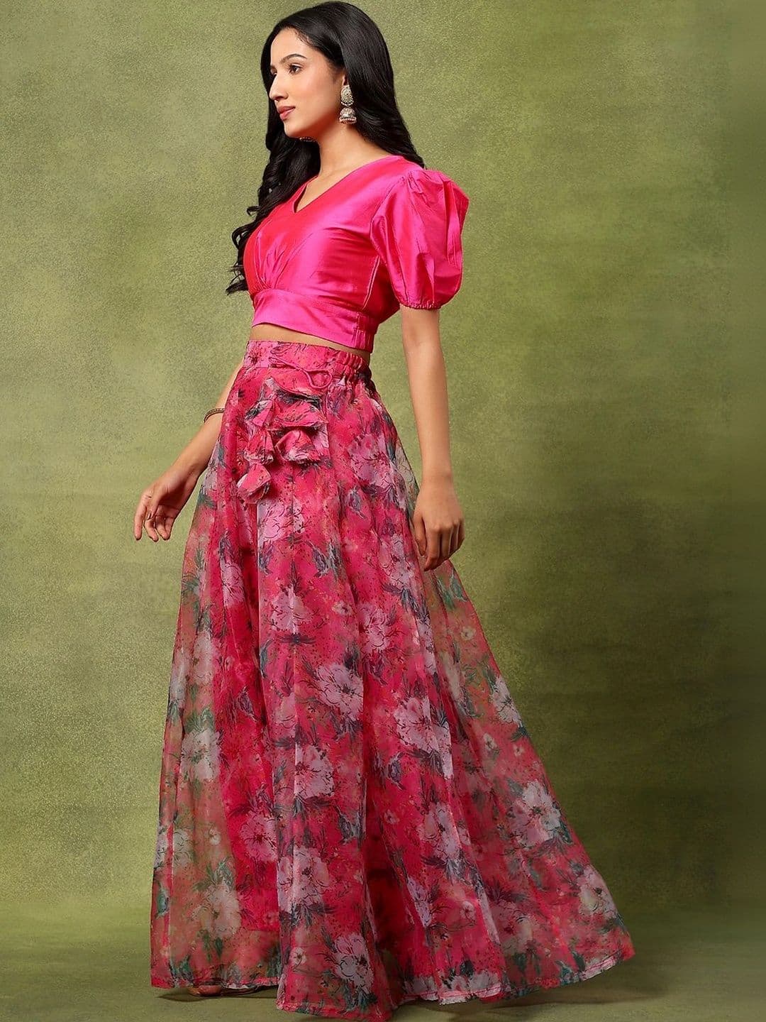 Frolic Rolic Silk V Neck Blouse & Floral Print Organza Maxi Skirt Set thumbnail 3