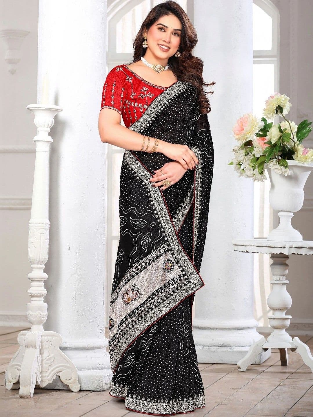 SmileyFashion Bandhani Embroidered Art Silk Designer Saree thumbnail 5