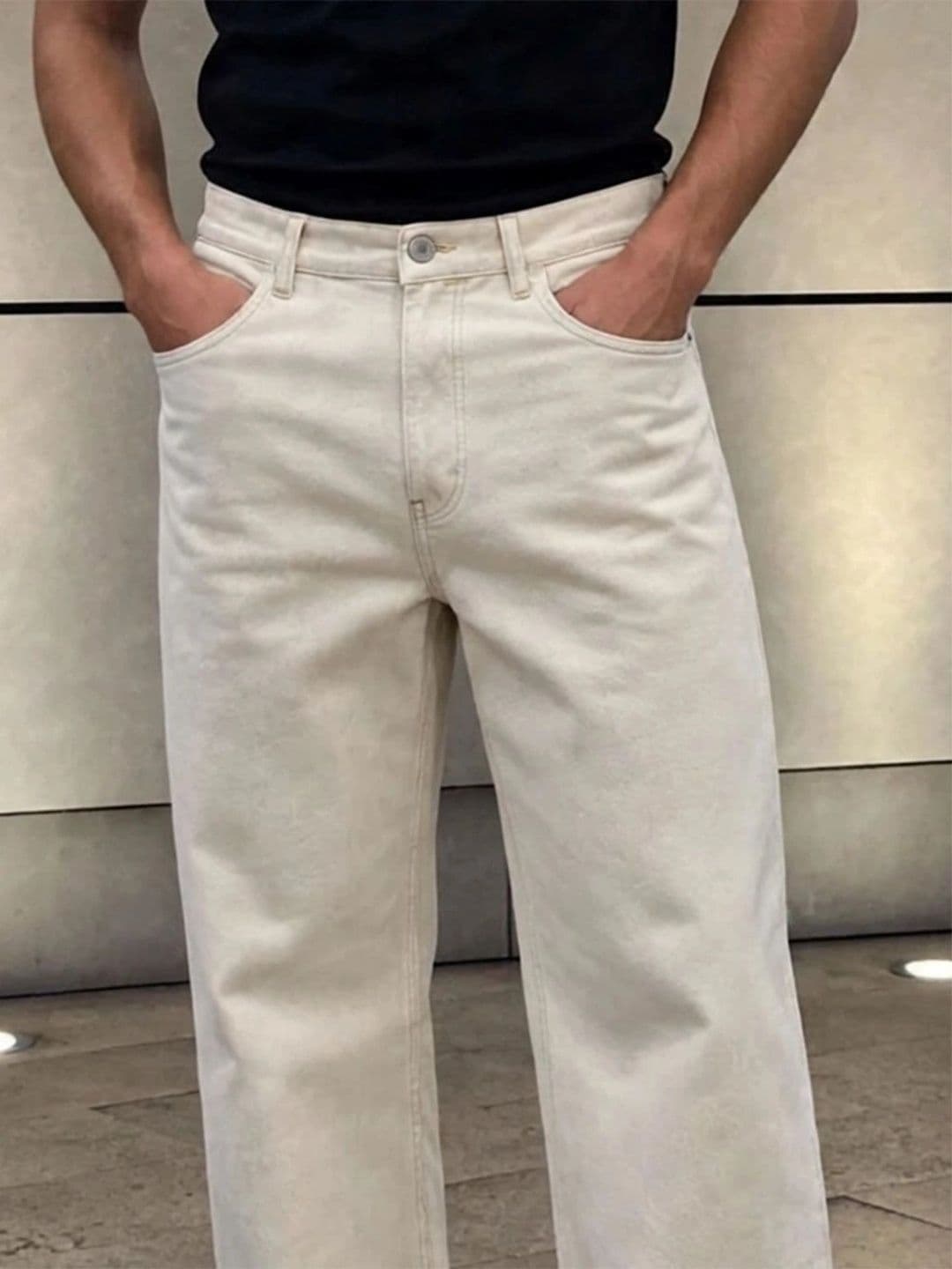 HERE&NOW Men's Off-White Solid Wide-Leg Jeans thumbnail 3