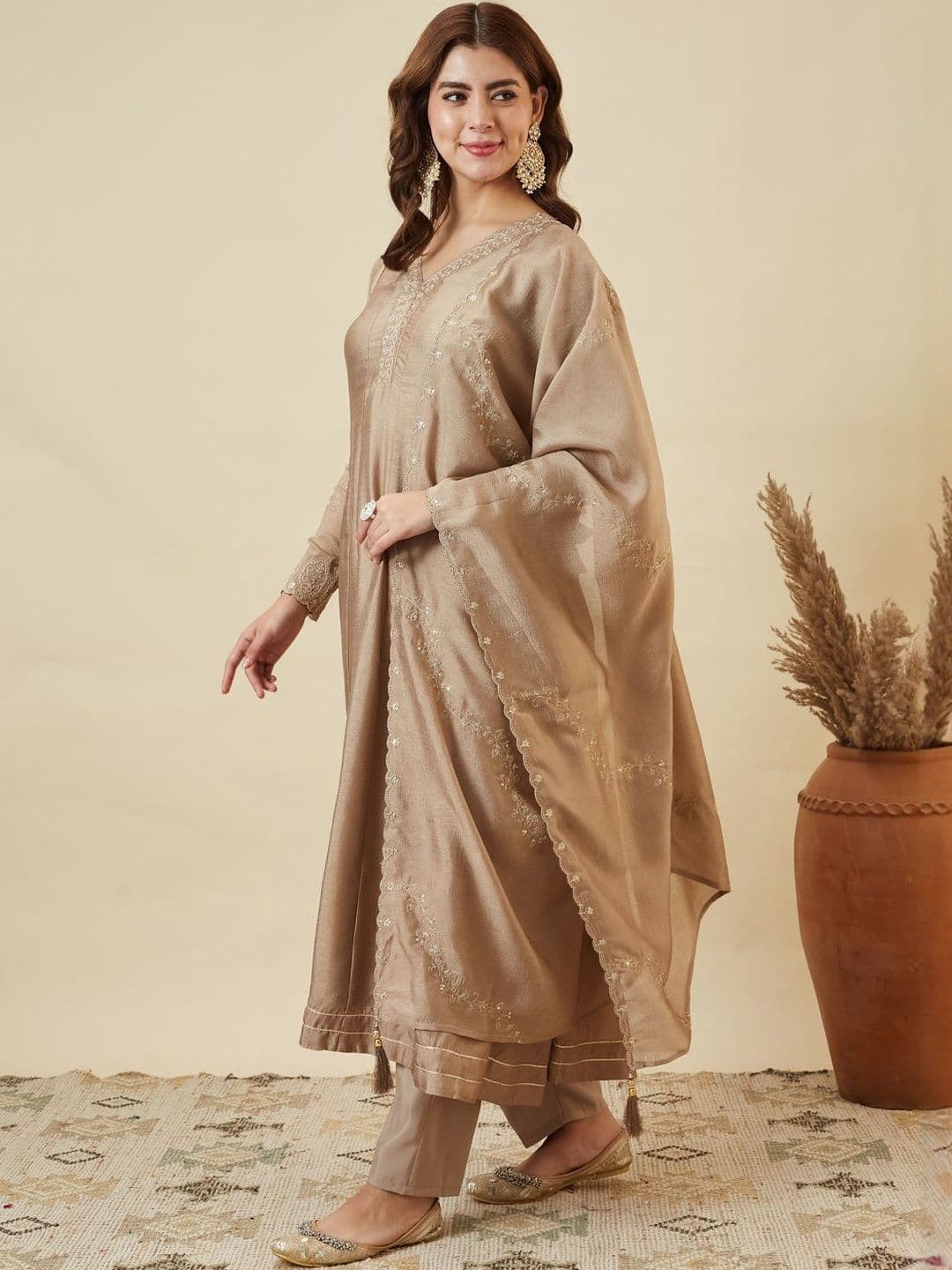 MOKOSH Women Silk Embroidered Anarkali Kurta And Pant Set With Dupatta - view 1