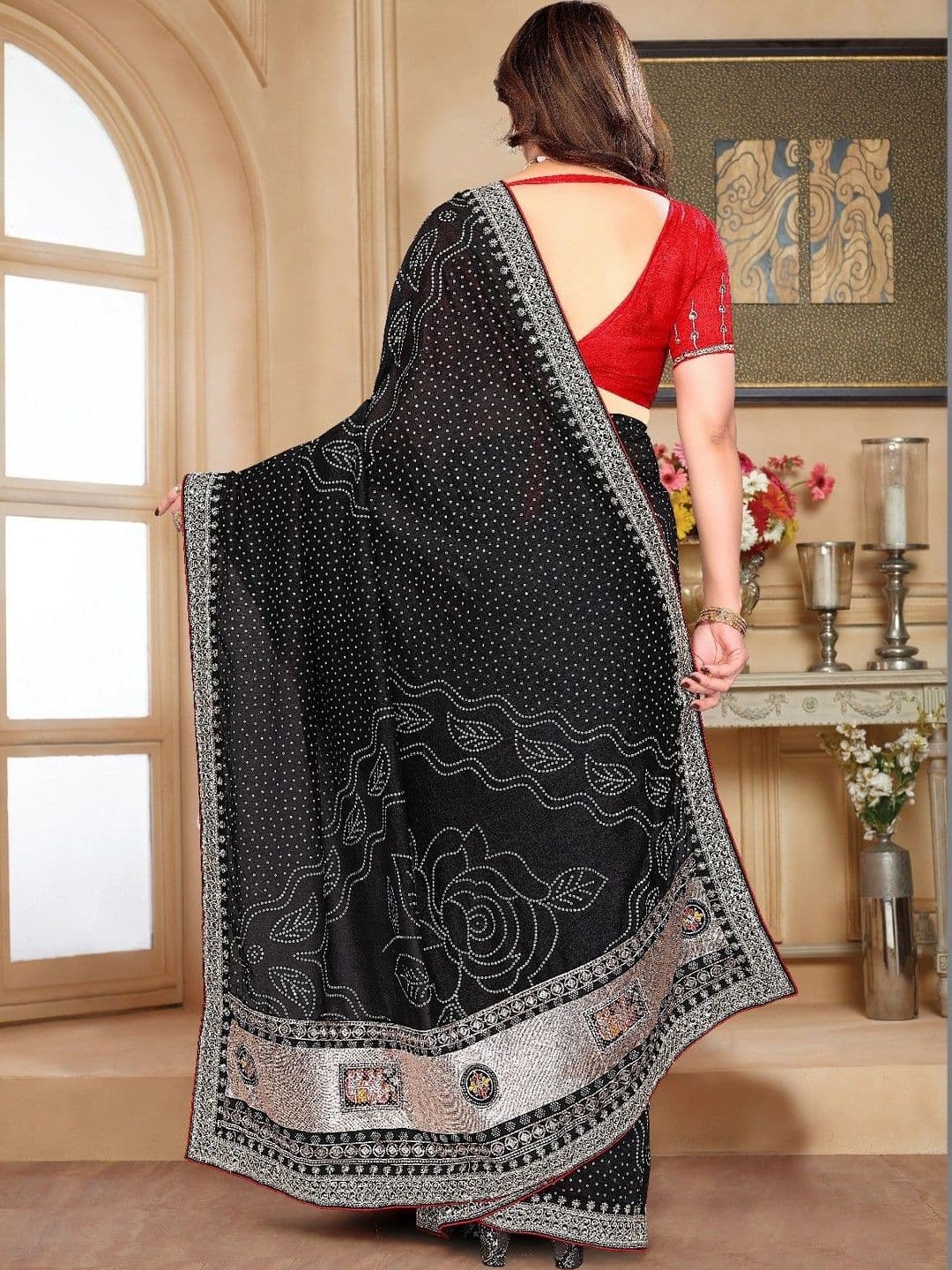 SmileyFashion Bandhani Embroidered Art Silk Designer Saree thumbnail 5