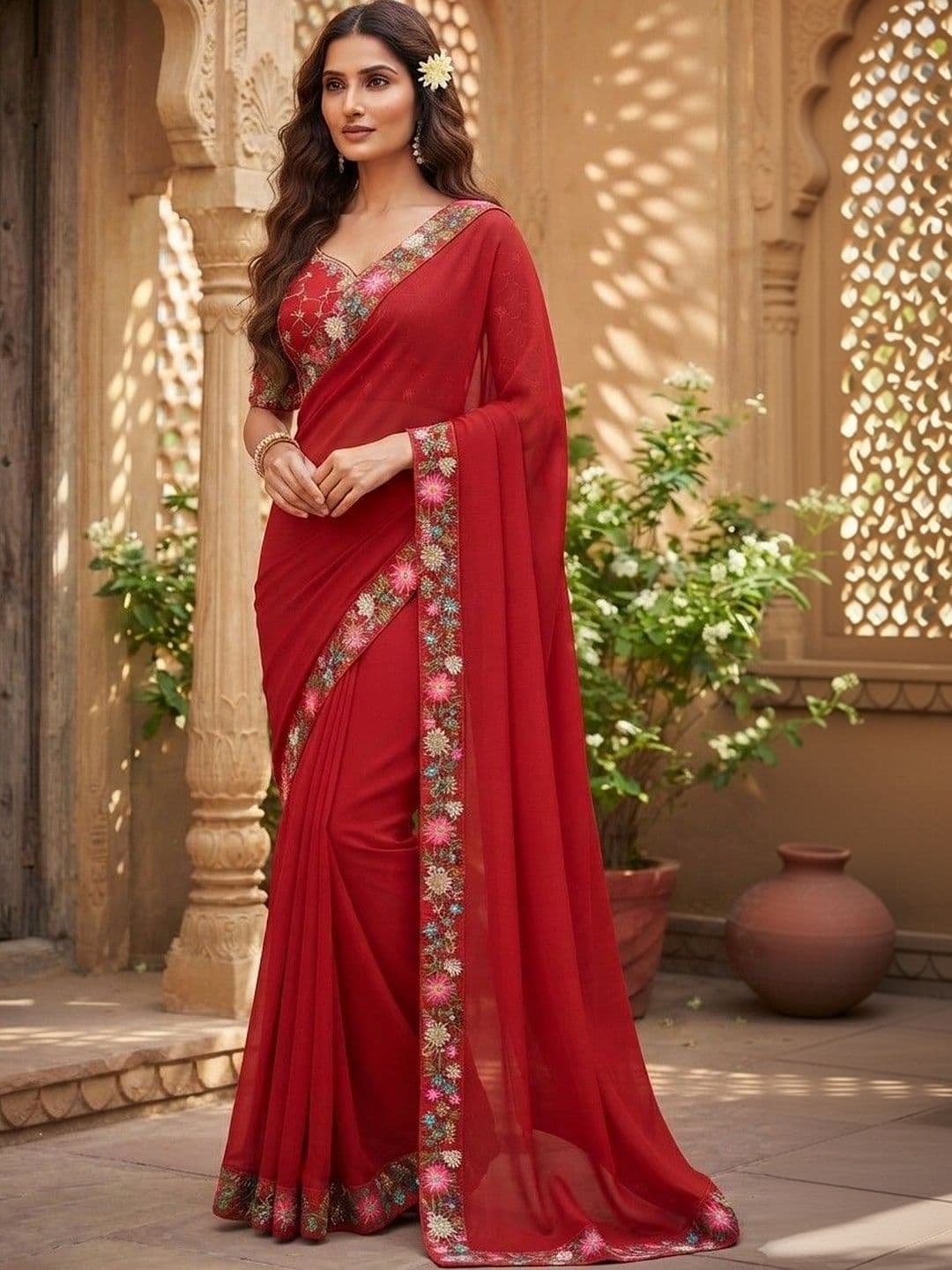 SmileyFashion Floral Art Silk Saree thumbnail 4