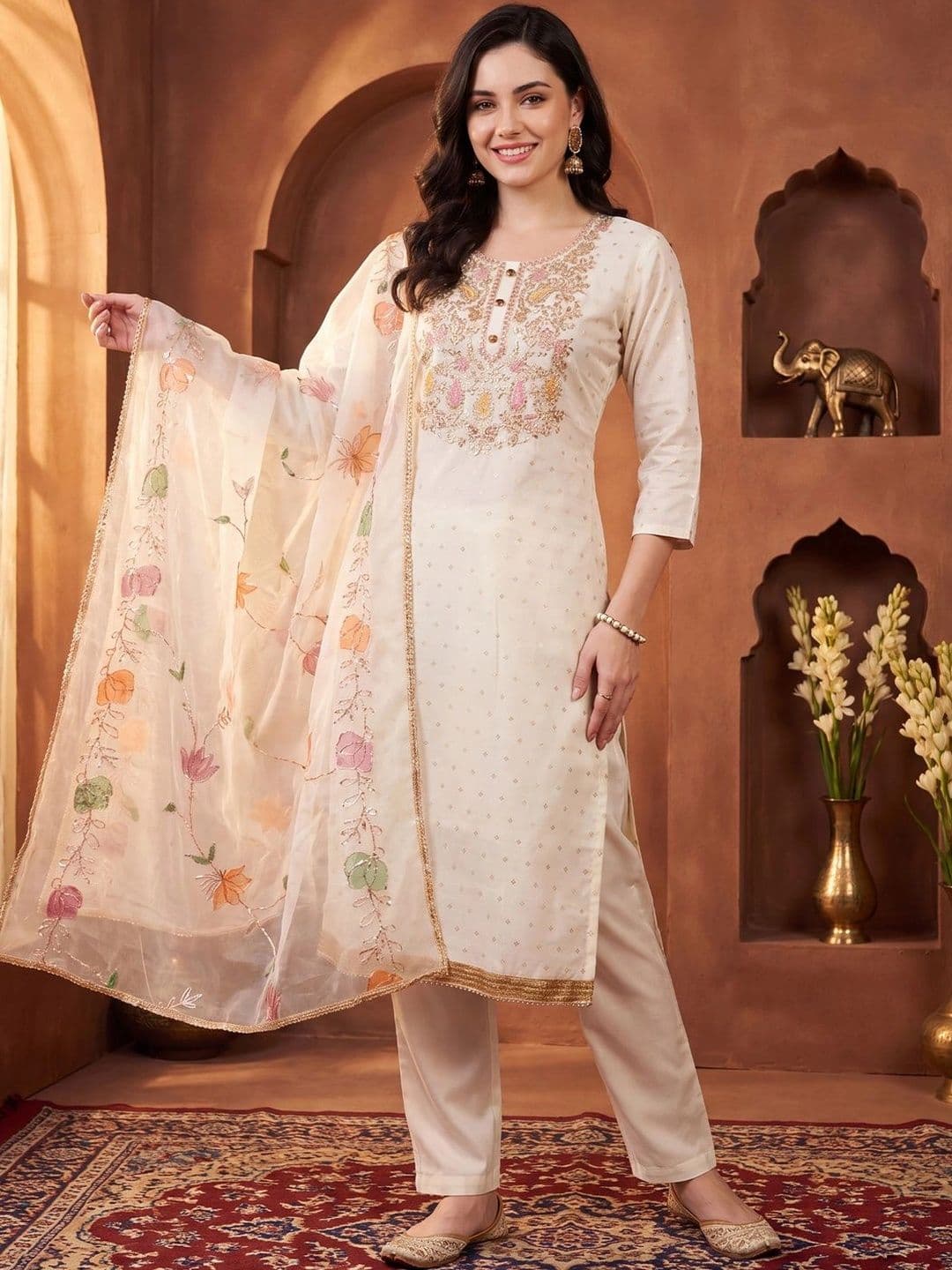 Indo Era Women Ethnic Motifs Embroidered Regular Sequinned Kurta with Trousers & With Dupatta - view 1