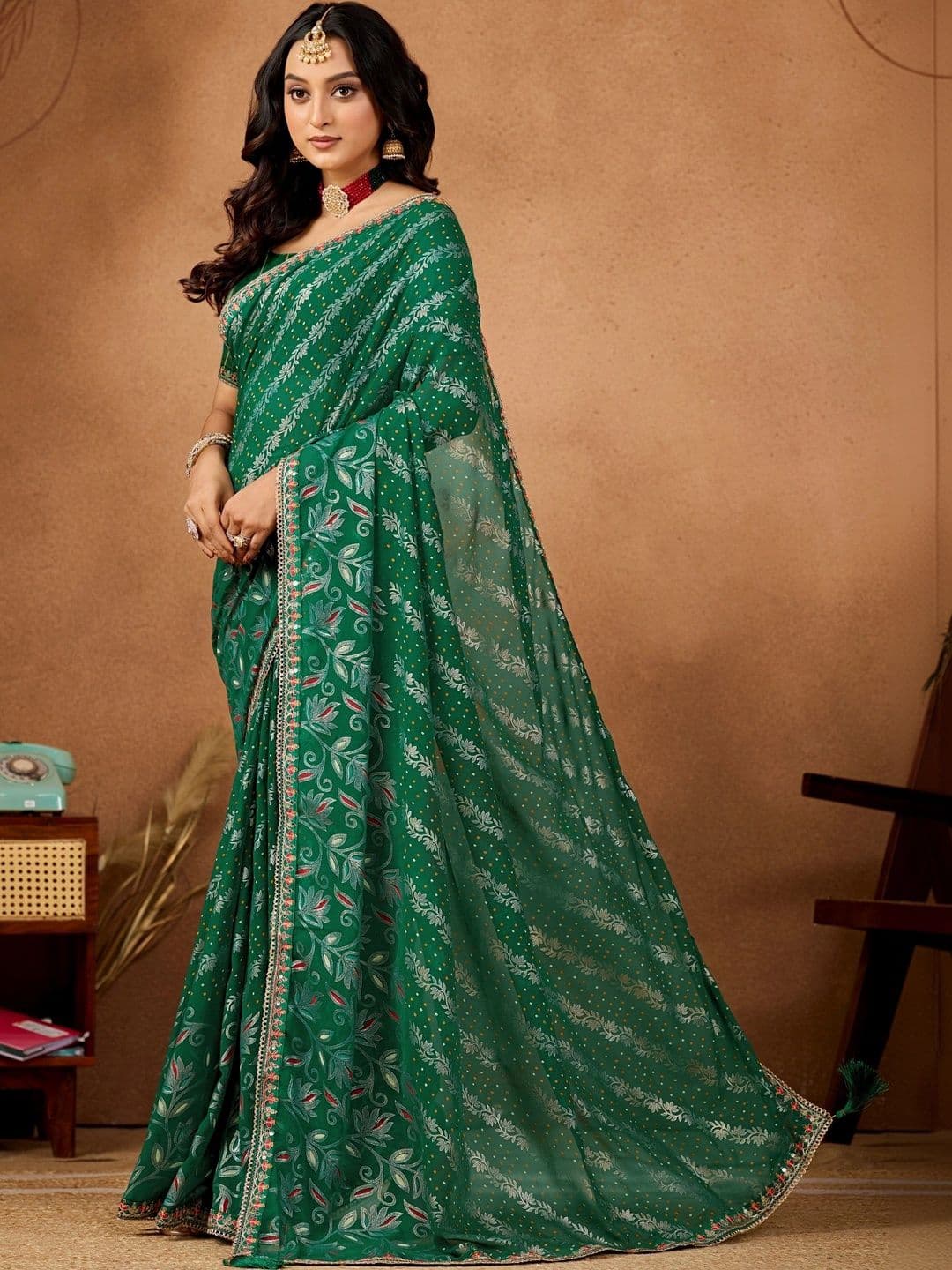 KALINI Floral Gotta Patti Poly Georgette Designer Bandhani Saree thumbnail 6