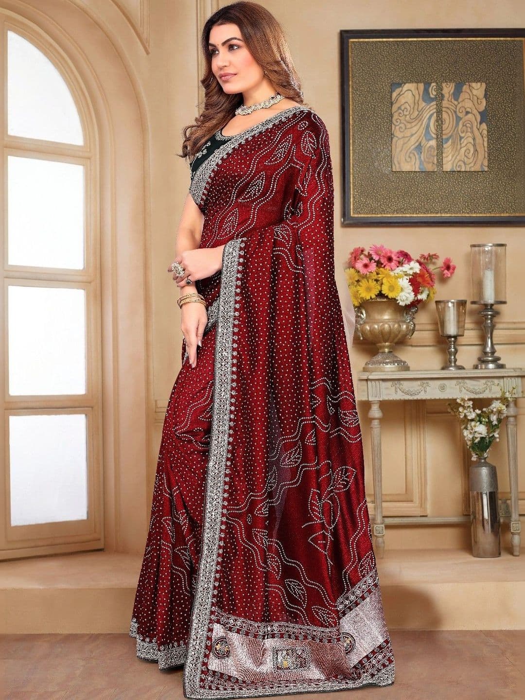 SmileyFashion Bandhani Embroidered Art Silk Designer Saree thumbnail 3