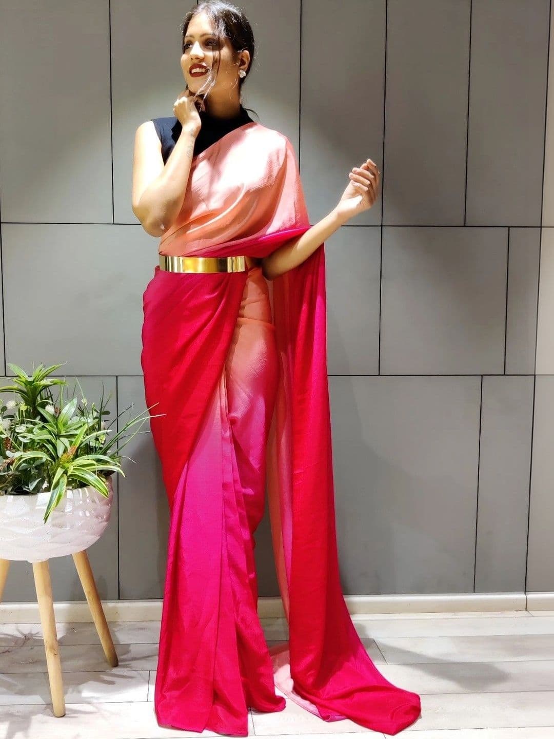 Sangria Ombre Poly Chiffon Belted Maheshwari Saree thumbnail 6