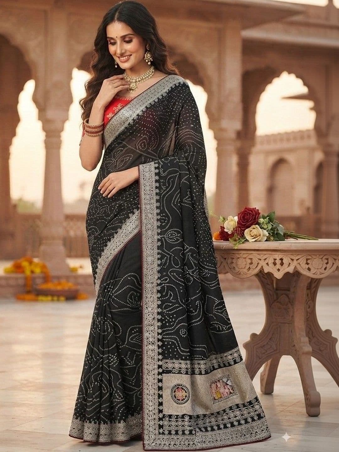 SmileyFashion Bandhani Embroidered Art Silk Designer Saree thumbnail 5