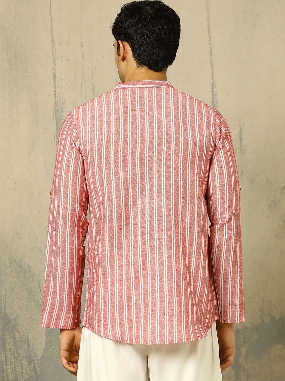 Anouk Woven Design Striped Cotton Handloom Mandarin Collar Short Kurta thumbnail 4