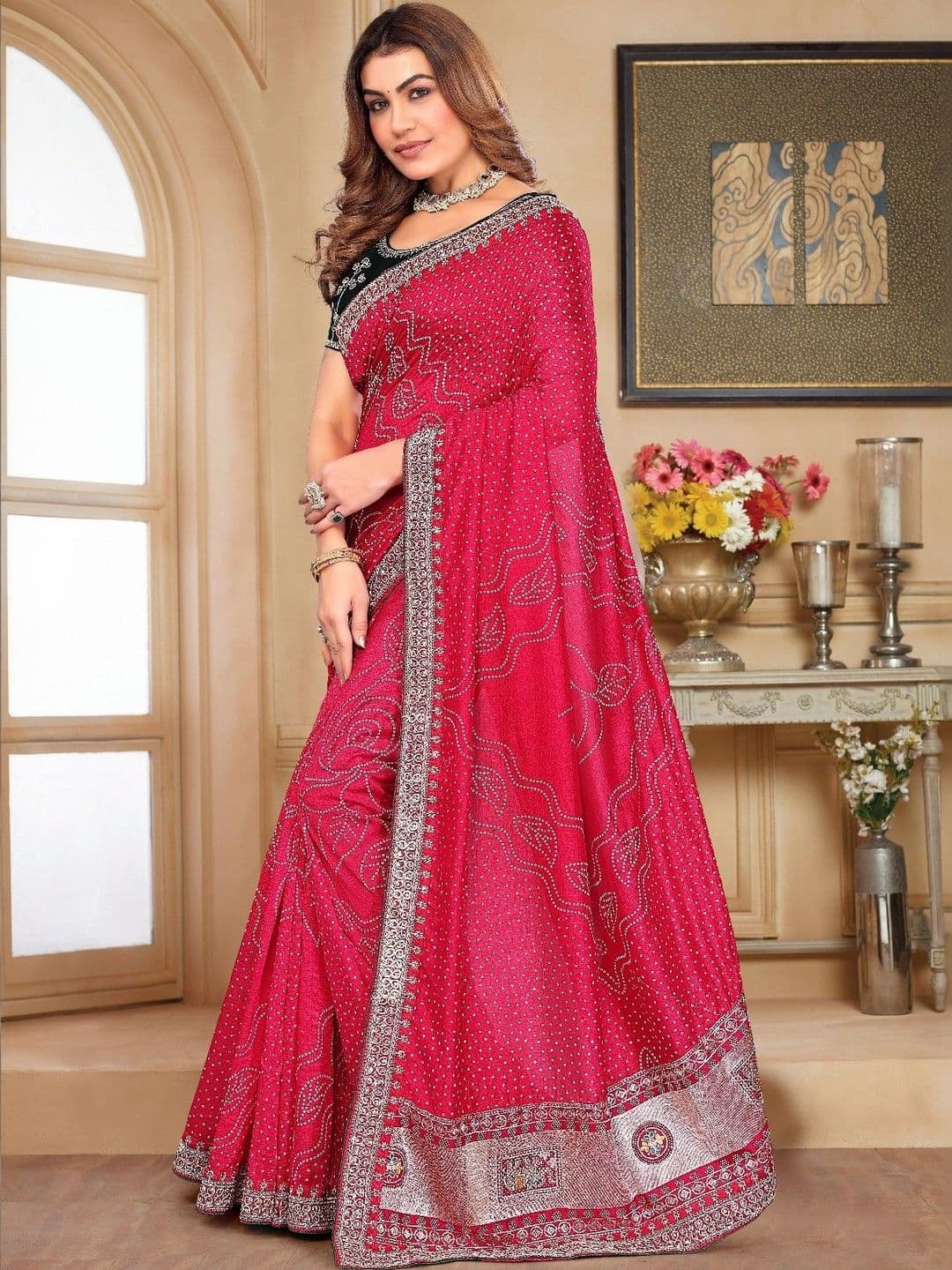 SmileyFashion Bandhani Embroidered Art Silk Designer Saree thumbnail 4